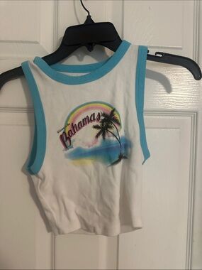 Garage White Tank Top with Aqua Trim and Bahamas Graphic